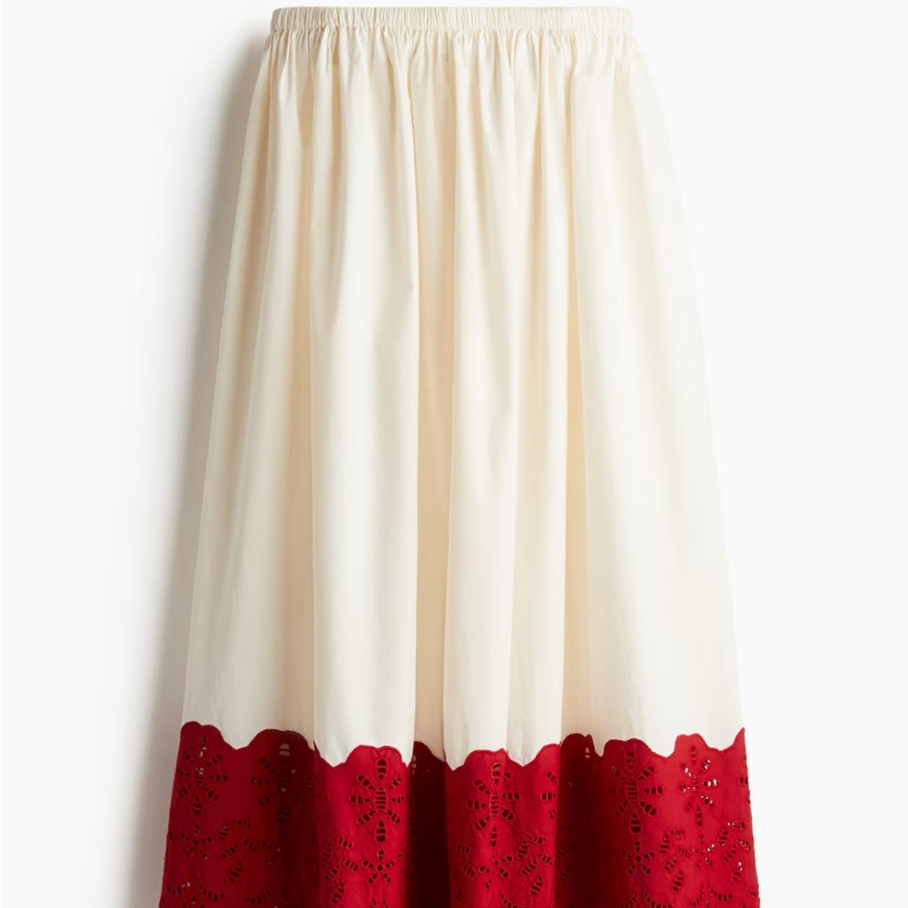 NWT H&M eyelet embroidered cotton maxi skirt cream and red L